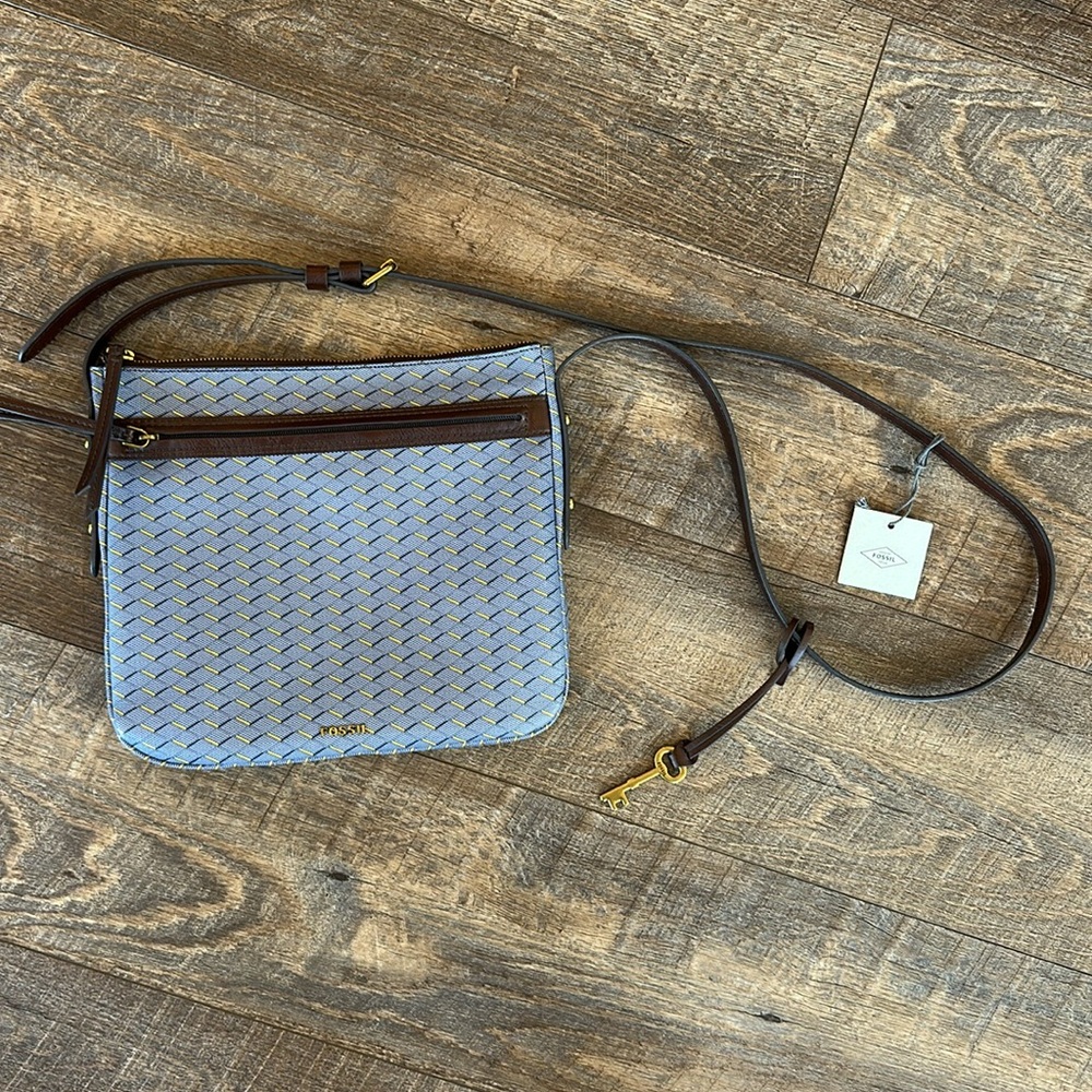 NWT Fossil Blue and Brown Crossbody Bag